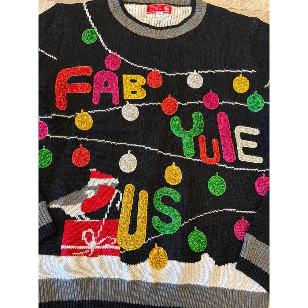 You Look Ugly Today Womens Fab-Yule-Us Christmas Sweater Black Glitter Large